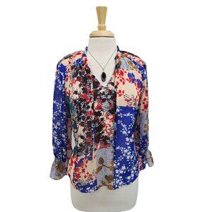 Collective Concepts XS Multicolor Floral Patchwork Sheer Blouse Long Sleeve Boho